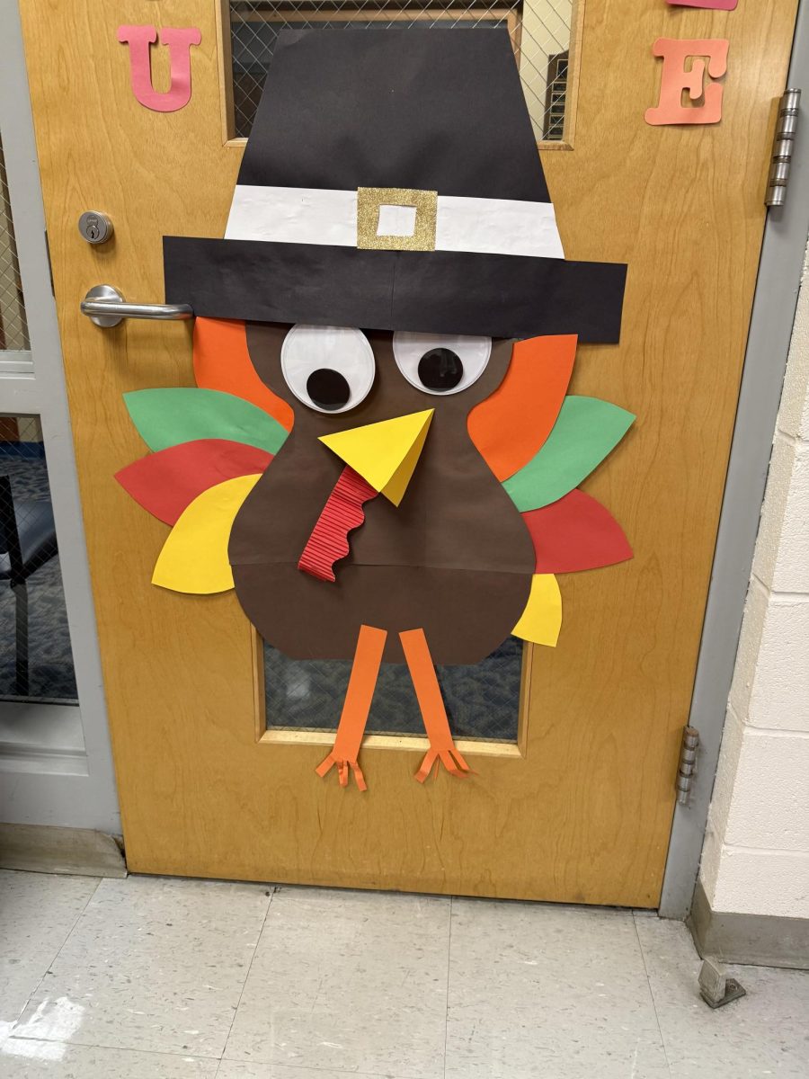 A paper turkey on a classroom door in BHS