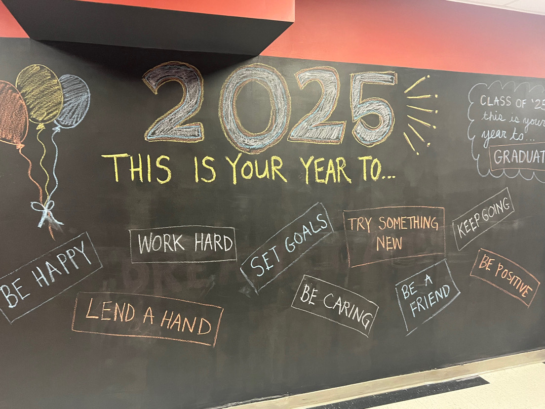 The chalk board outside the media center, filled with ways to make 2025 a good year