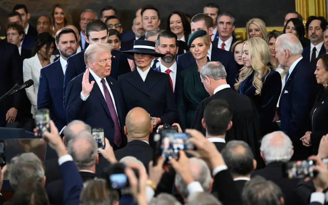 President Trump swearing the oath of office in the Capital Rotunda becoming the 47th President.